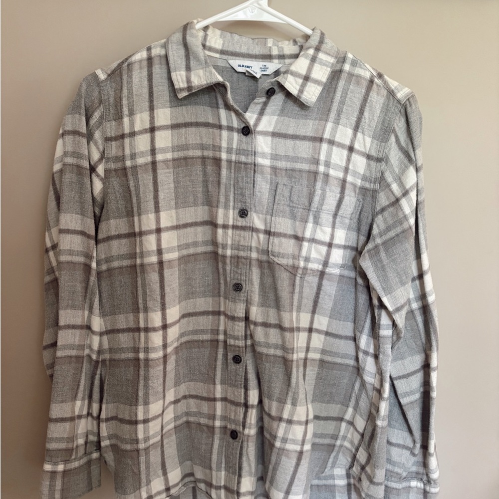Old Navy Gray and White Plaid Shirt